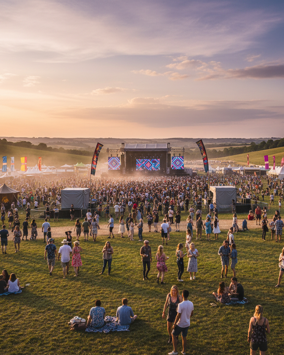 A colourful crowd at an open-air festival